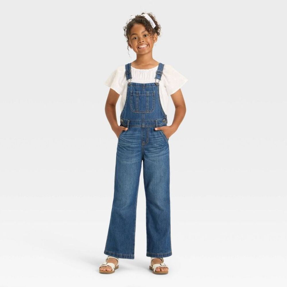 Girls' Wide Leg Baggy Denim Overalls - Cat & Jack Dark Wash XL
